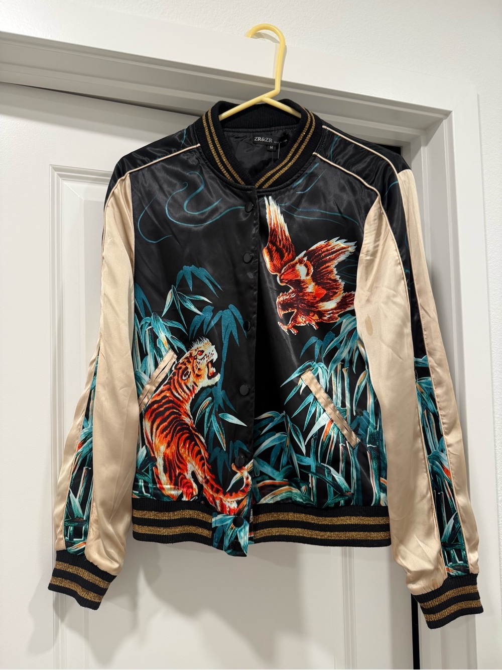 Tiger & Eagle Print Satin-like Bomber Jacket